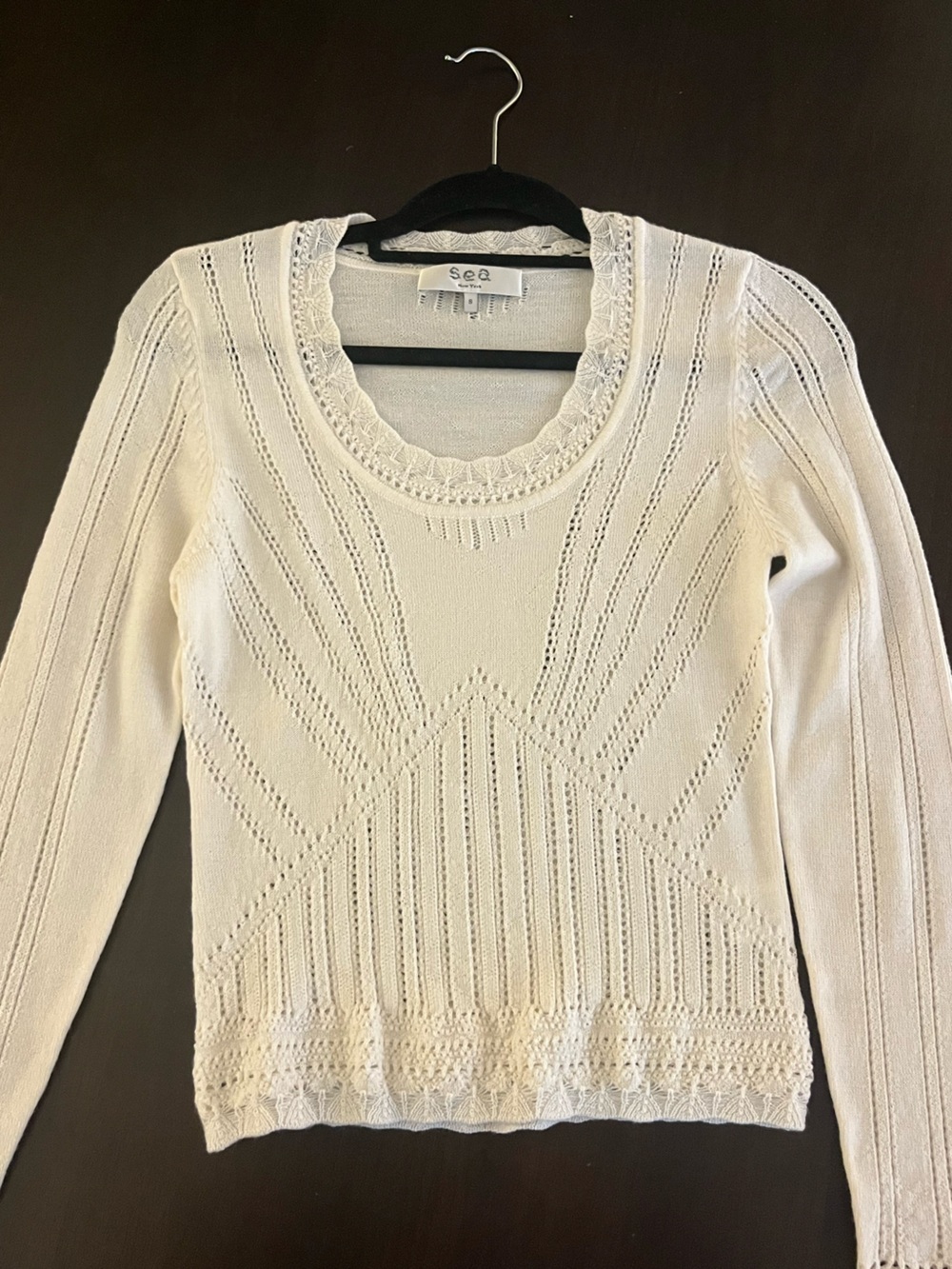 SEA New York Cream Openwork Round-Neck Knit Sweater